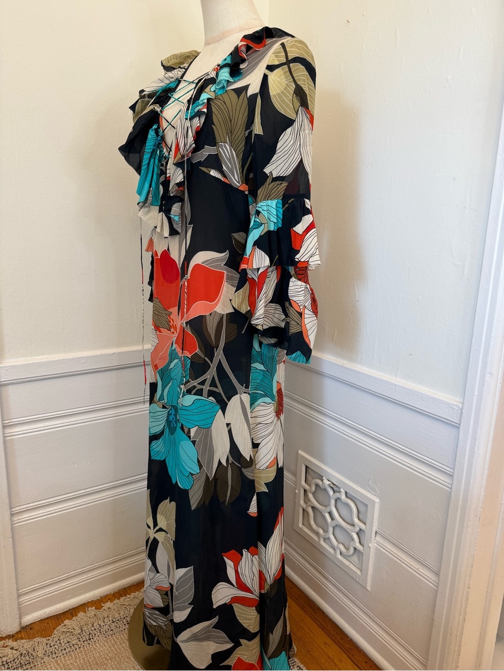 Pnina Tornai Resort 100% Silk Chiffon Floral Ruffle Lace Up Maxi Dress XS/S - Picture 2 of 5